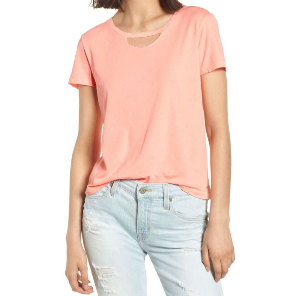 n:PHILANTHROPY Abigail Deconstructed Tee Coral Distressed Destroyed Cut-Out Top